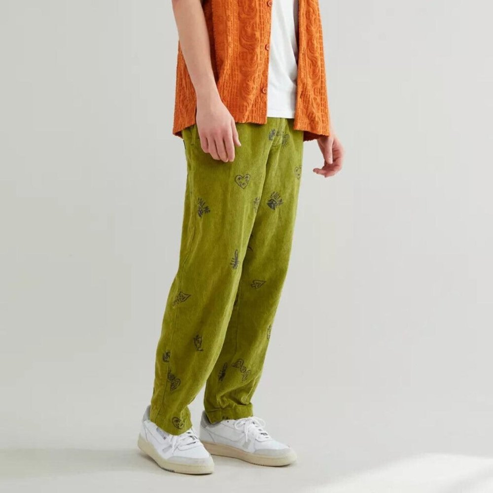 NWT Urban Outfitters Embroidered Corduroy Beach Pant in dark green